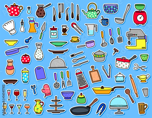 Set of flat colorful hand drawn stickers with kitchenware. Outline freehand labels with kitchen utensils, appliances for cooking. Cute doodle patches with cutlery. Badges with cartoon cooking tools