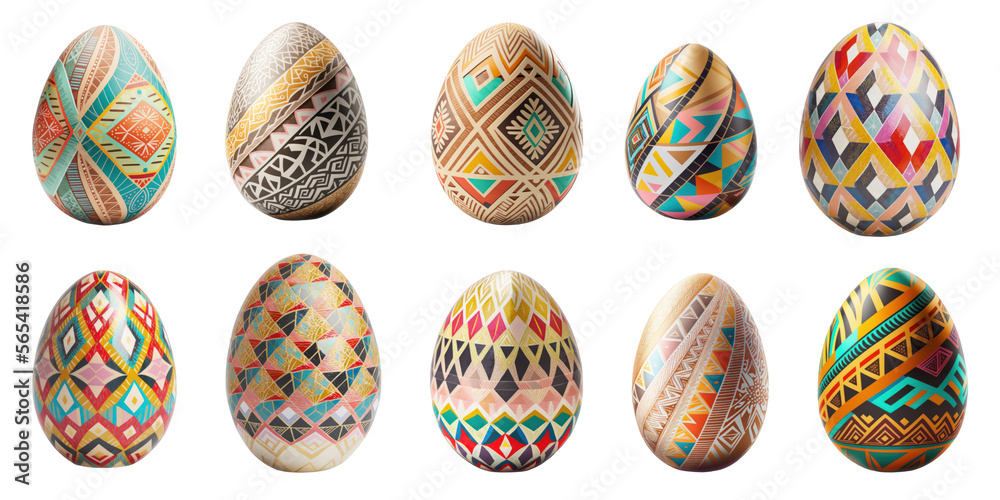 Hand painted Easter egg with lines and geometric shapes, isolated on transparent background