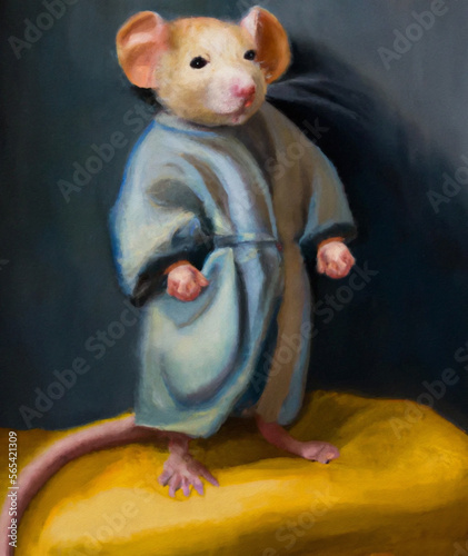Oil paint portrait of cute mouse in bathrobe standing on a pillow. Generative AI.