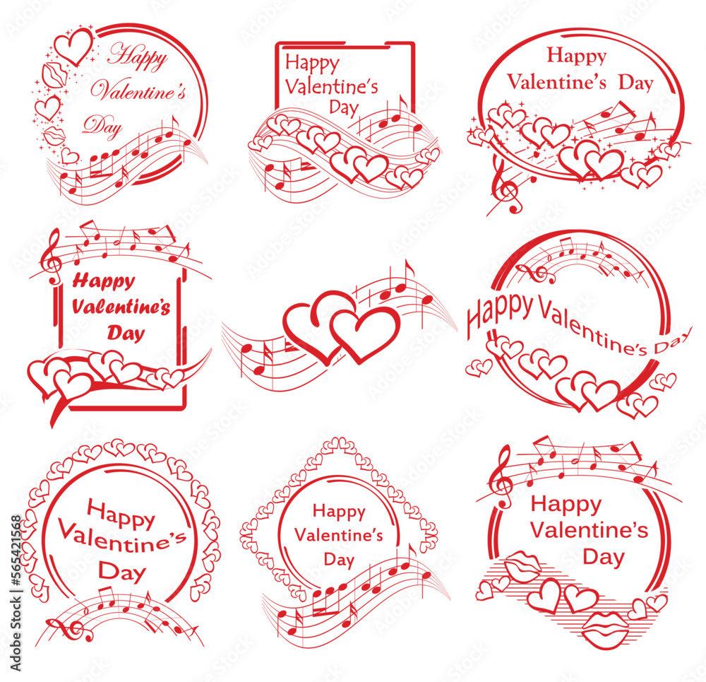 decorative frames with hearts and music notes for saint valentine day events - vector set of romantic stamps decorative frames with hearts and music notes for saint valentine day events - vector set of romantic stamps