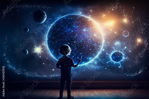 Silhouette of a child projected in front of the virtual planet of the solar system. Astronomy souvenir and virtual reality staging.
