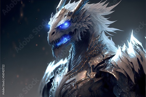 Sliver Thunder Dragon, the lord of dragons, has good platinum scales, bright red eyes, and is surrounded by dazzling sliver lights and thunder. generative ai