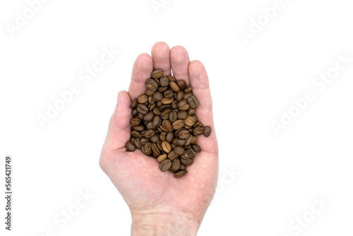 Coffee beans in the hand, isolated on a white background