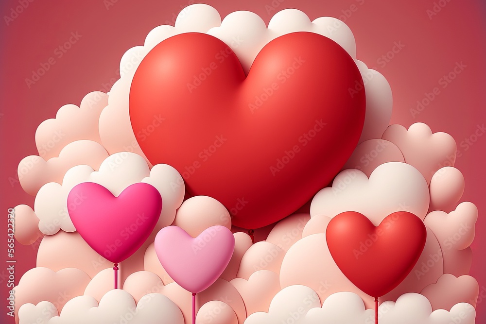 Cute hearts on a pink background with clouds, Valentine, Valentine's day love card. Generative AI