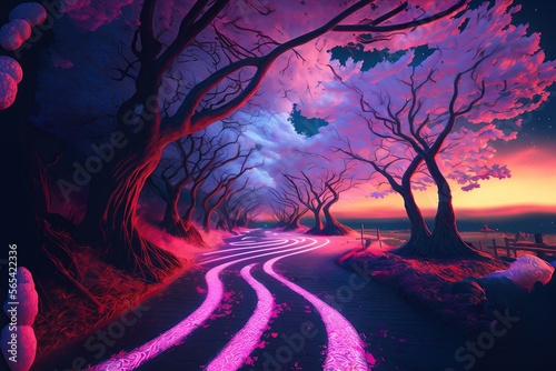 Trippy  path of Japan landscape with Sakura trees. High Quality illustration. Generative AI © Kanachi Graphics