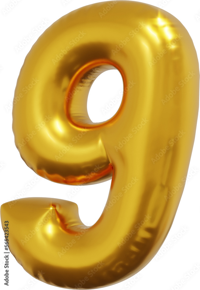 Gold foil alphabet number 9 isolated. 3d rendering Gold foil alphabet number 9 isolated. 3d rendering