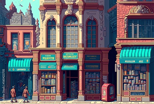Pixel art shops in european shopping street  old european shops  background in retro style for 8 bit game  Generative AI 