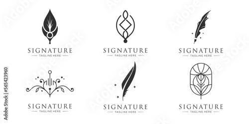 set of abstract signature feather pen logo design template. vector collection of feather inspiration