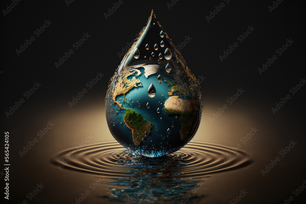 Fototapeta premium An aerial view of a water droplet falling into a body of water, with earth's reflection on it.