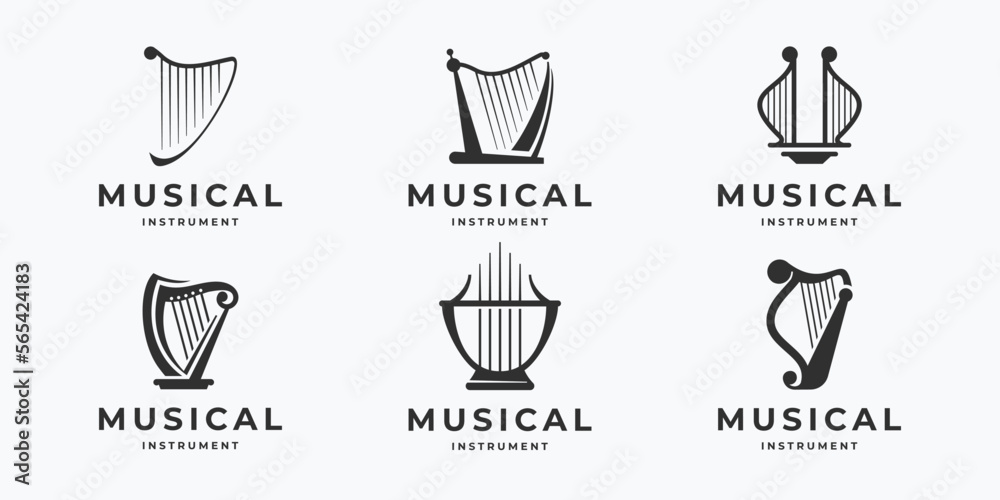 musical harp logo set design. icon isolated on white background. golden harp logotype inspiration musical harp logo set design. icon isolated on white background. golden harp logotype inspiration
