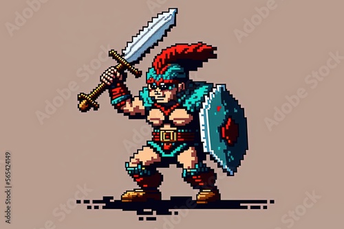 Pixel art warrior character for RPG game, character in retro style for 8 bit game