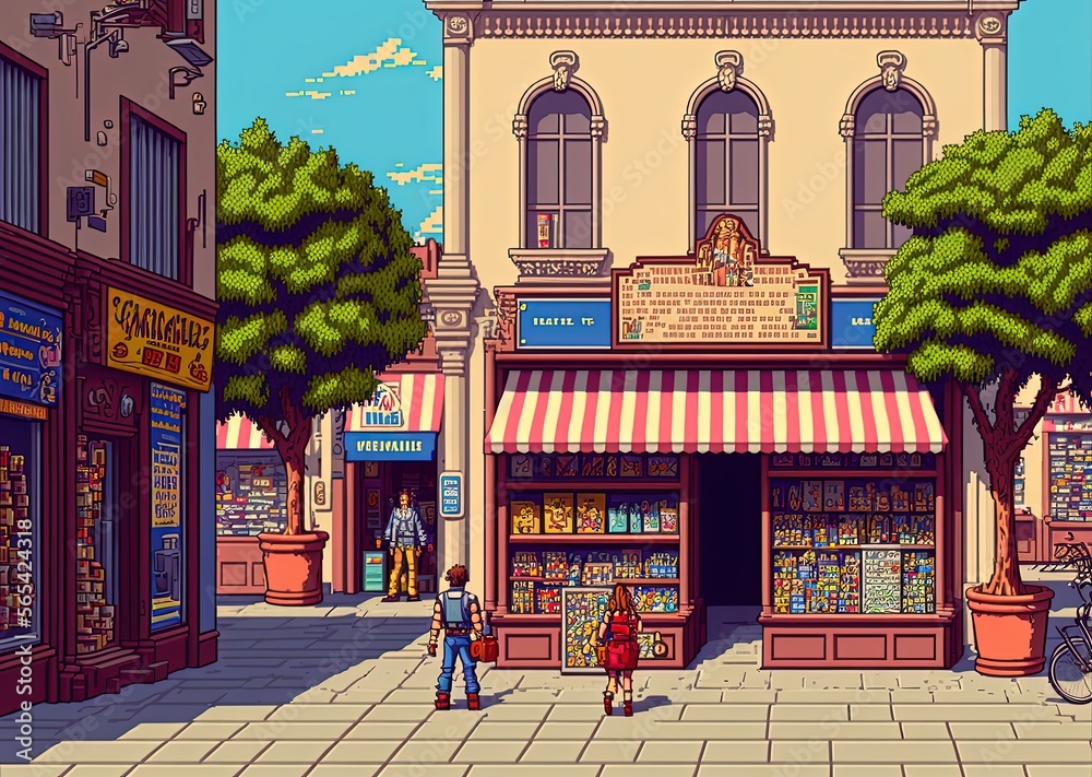 Pixel art shops in european shopping street, old european shops, background in retro style for 8 bit game, Generative AI
