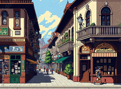 Pixel art shops in european shopping street, old european shops, background in retro style for 8 bit game, Generative AI
