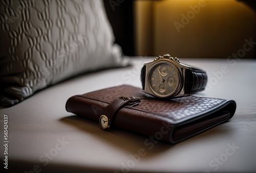 ベッドの上に置かれた腕時計と財布、Generative AI photo