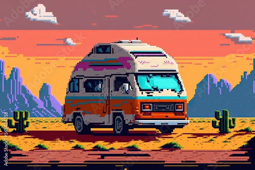 Pixel art hippie van on desert road, background in retro style for 8 bit game, Generative AI © Pixel  Land