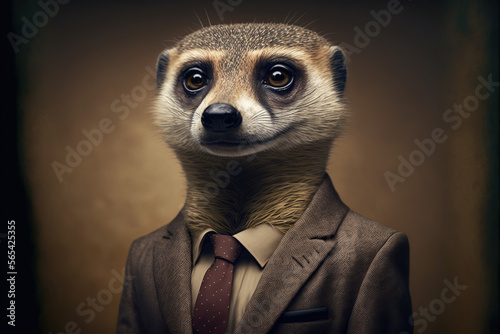 Portrait of a meerkat dressed in a formal business suit, generative ai