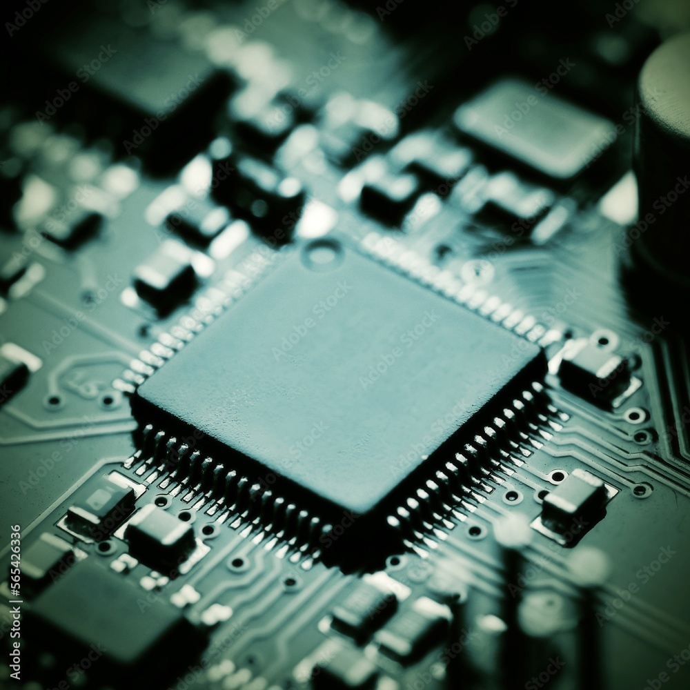 Components on board. PCB to PC. Chip, capacitor and connectors on the motherboard of a personal computer. Modern technological background.