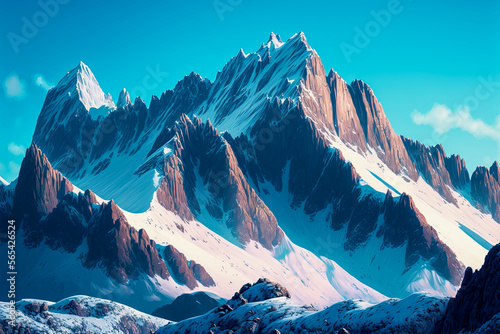 A close-up of a mountain range, with snow-capped peaks and a clear blue sky, mountain, snow, landscape, mountains, winter, alps, sky, peak, nature, ice, glacier, rock, high, view, alpine, ski, cold, 