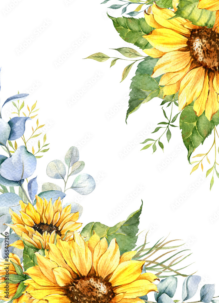 Sunflower Wedding Invitation frame watercolor. Floral frame for wedding invite, greeting cards. Sunflower frame on white background