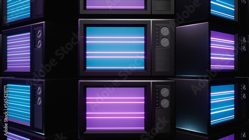 Fototapeta Naklejka Na Ścianę i Meble -  Pile Stack of Shiny Neon light Tvs 3d rendering