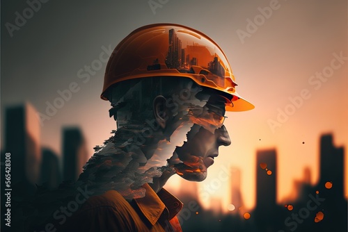 Double eposure of construction worker and a construction site, buildings and architecture concept, Generative Ai, Not a real person photo