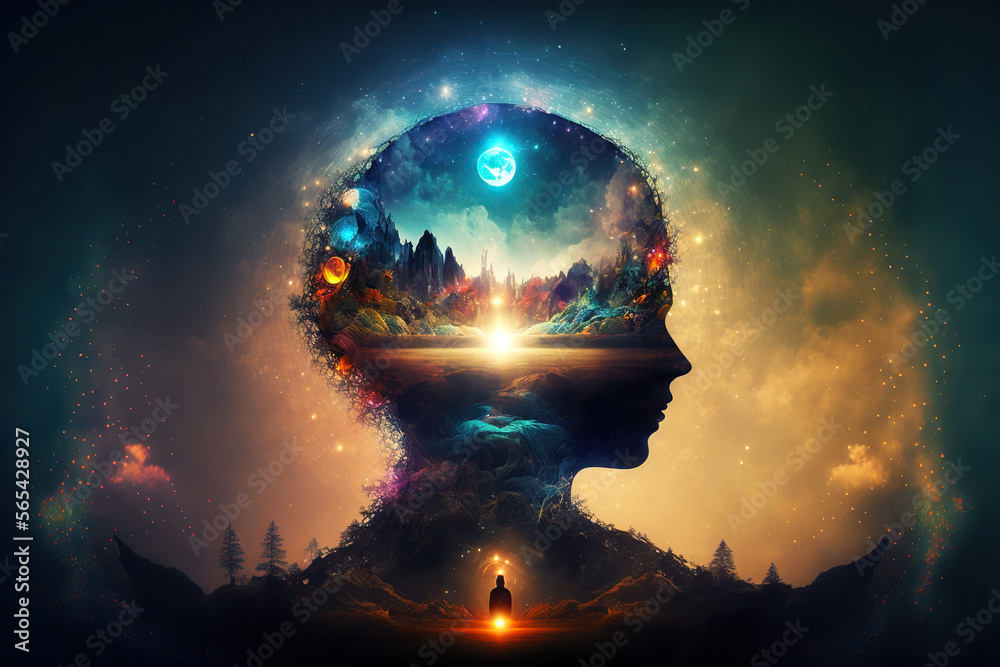 Spiritual awakening meditation. Mindfulness concept, enlightment. Post-processed generative AI	 - obrazy, fototapety, plakaty 