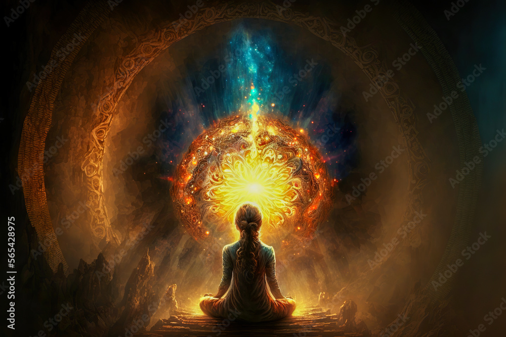 Spiritual awakening meditation. Mindfulness concept, enlightment. Post-processed generative AI	