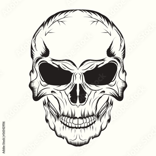 White graphic human skull with black eyes.