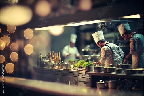 Fototapeta Professional kitchen with chefs cooking, restaurant kitchen with beautiful lights and delicious food