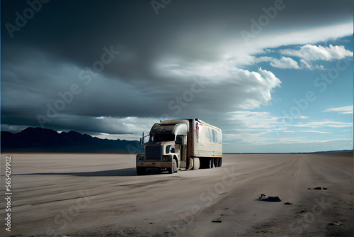 A Single Loney Lorry Stranded on a Motorway: A Visually Stunning Cinematography Stock Photo of a Broken Down Truck in the Middle of Nowhere
