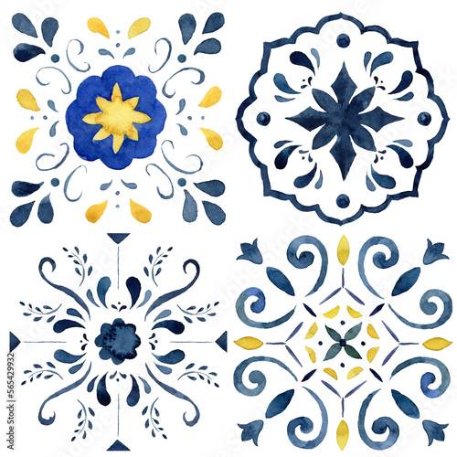 Watercolor Mediterranean tiles set of yellow and blue elements. Hand painted traditional illustration isolation on white background for design, print, fabric or background.