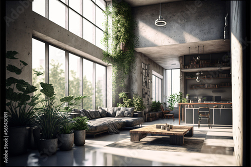 Modern design living room apartment interior with concrete walls. Designed using generative ai. 