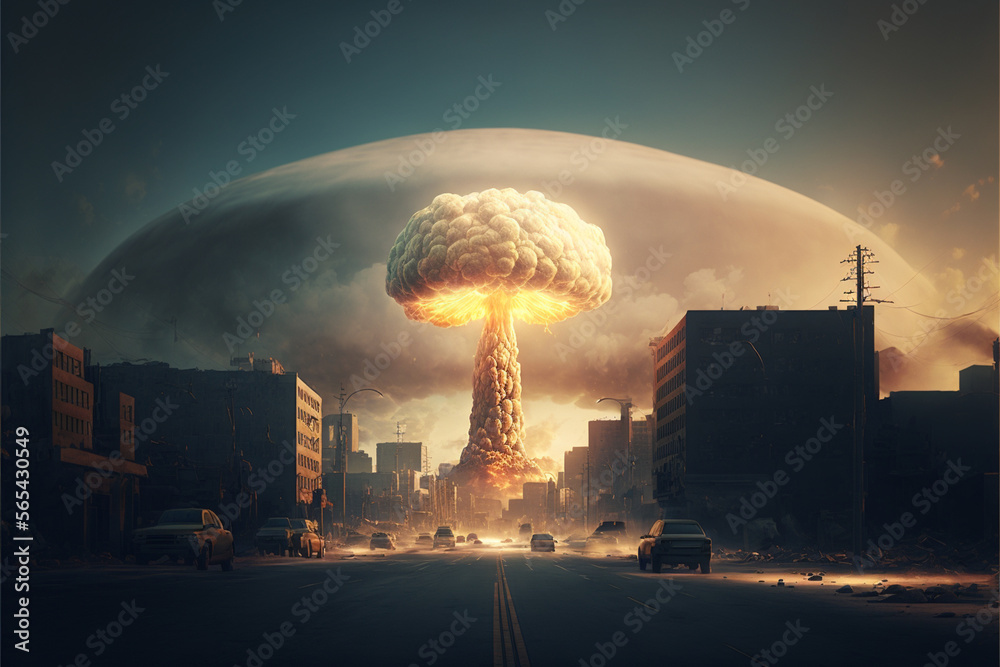 Atomic Bomb over a City with Mushroom cloud in the distance. Giant Nuke ...