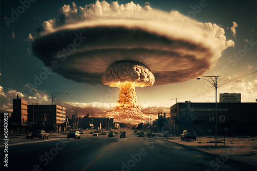 Atomic Bomb over a City with Mushroom cloud in the distance. Giant Nuke Explosion Blast. Nuclear war danger. WW3 Danger Illustration. Ai generated photo