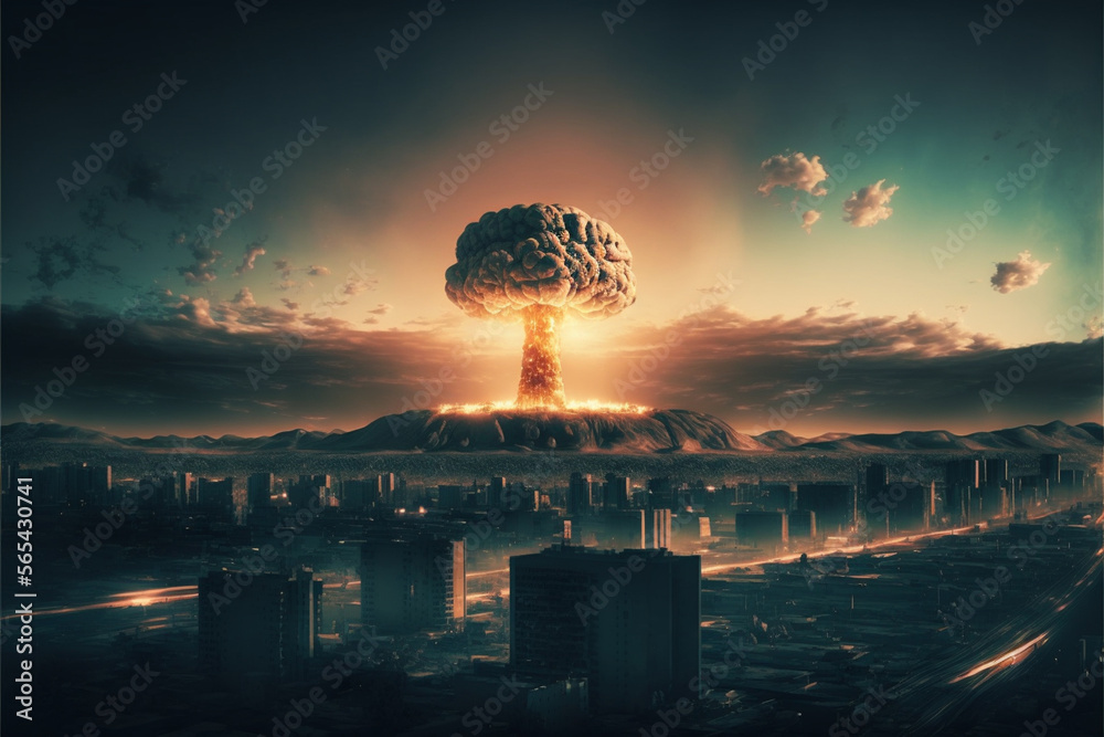 Atomic Bomb over a City with Mushroom cloud in the distance. Giant Nuke ...