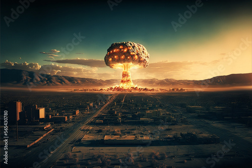 Atomic Bomb over a City with Mushroom cloud in the distance. Giant Nuke Explosion Blast. Nuclear war danger. WW3 Danger Illustration. Ai generated