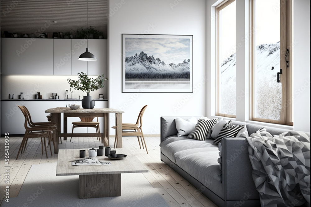 Fototapeta premium Living Room Interior Design Idea with Nordic Elements and clean Minimalist Design. Ai generated