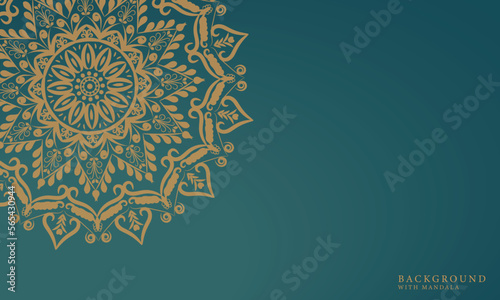 dark turquoise color background with golden mandala design . Ornamental mandala template for decoration, wedding cards, invitation cards, cover, banner