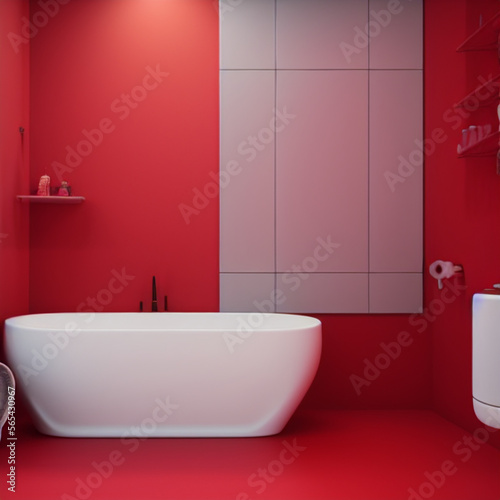 A bathroom with a bathtub on a red wall, the perfect setting for a relaxing Valentine's Day soak