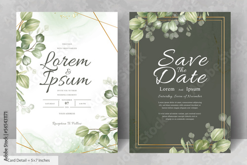 Greenery Wedding Invitation Card Template with Eucalyptus Leaves