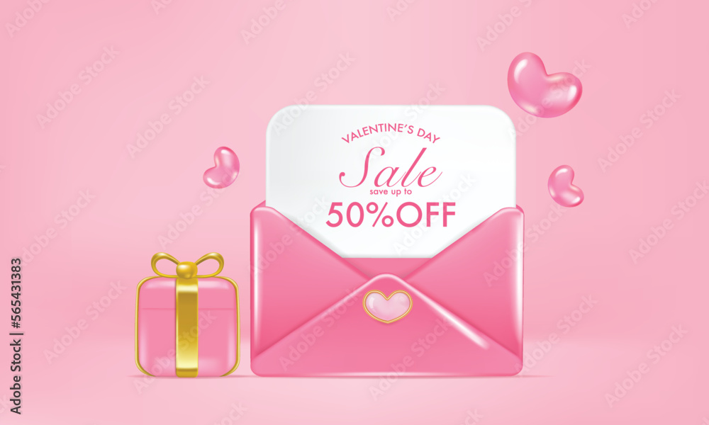 Happy valentine's day promotion sales and Discount online purchases. gift, coupon in envelope isolated on pink background. 3d vector rendering.