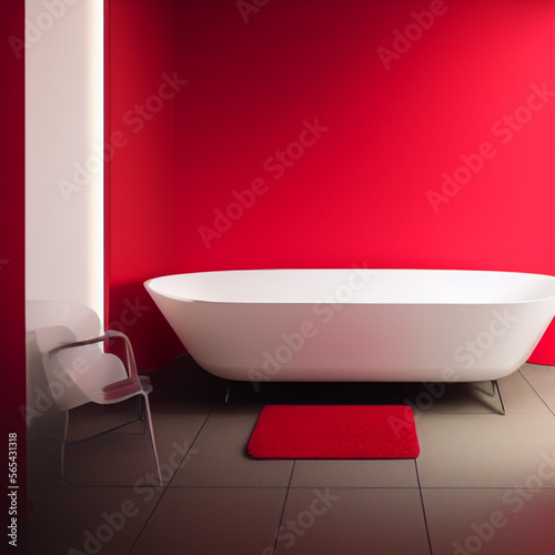 A bathroom with a bathtub on a red wall, the perfect setting for a romantic Valentine's Day
