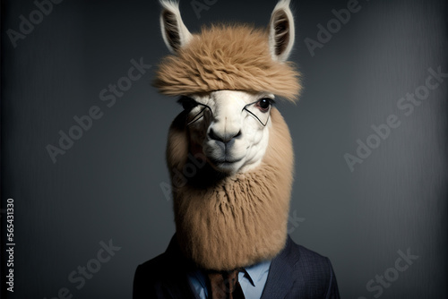 Portrait of a Alpaca dressed in a formal business suit, genarative Ai