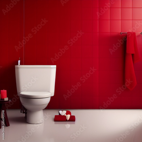 A bathroom with a bathtub on an empty red wall, the perfect setting for a Valentine's Day soak, captured in 4k for stunning detail