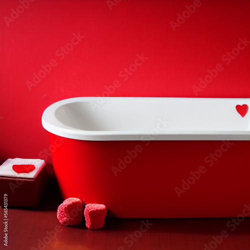 A bathtub on a red wall, the perfect spot for a romantic Valentine's Day soak, captured in 4k for maximum detail.