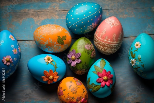 Beautiful colorful easter eggs on blue wooden Generative AI