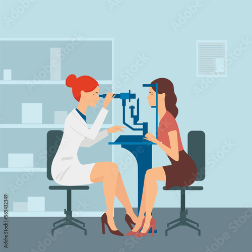 Female ophthalmologist checks the eyesight of a patient. Bright doctor's office. Nurse in a coat. Vector illustration