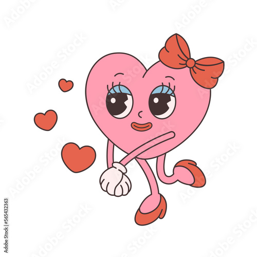 Trendy retro cartoon heart character. Groovy style, vintage, 70s 60s aesthetics. Valentines day. Vector illustration
