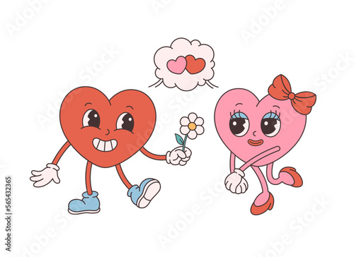 Trendy retro cartoon heart characters. Groovy style, vintage, 70s 60s aesthetics. Valentines day, falling in love. Vector illustration