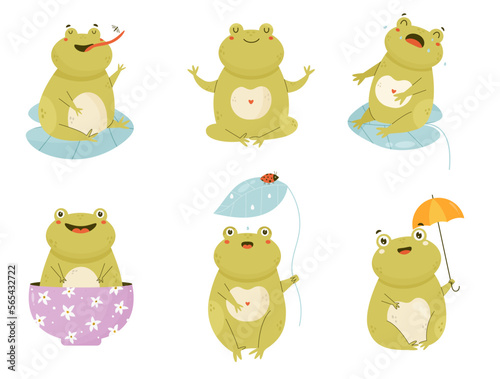 Set of adorable frog characters in different poses and positions